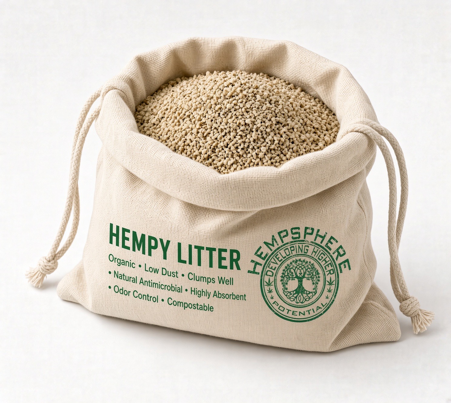 Hempy Litter branded fabric bag containing light-coloured granules; illustrative packaging.