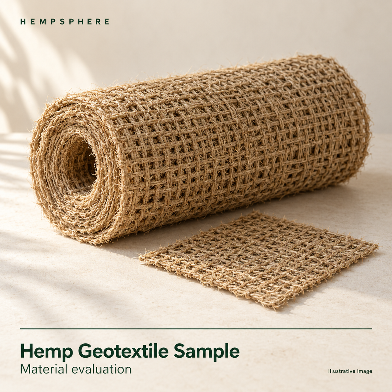 Illustrative Hempsphere Hemp geotextile sample product card.