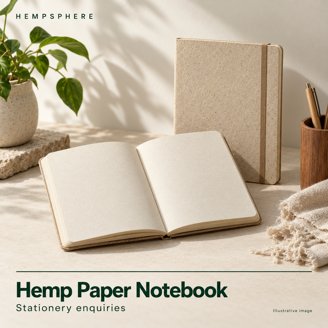 Illustrative Hempsphere Hemp paper notebook product card.