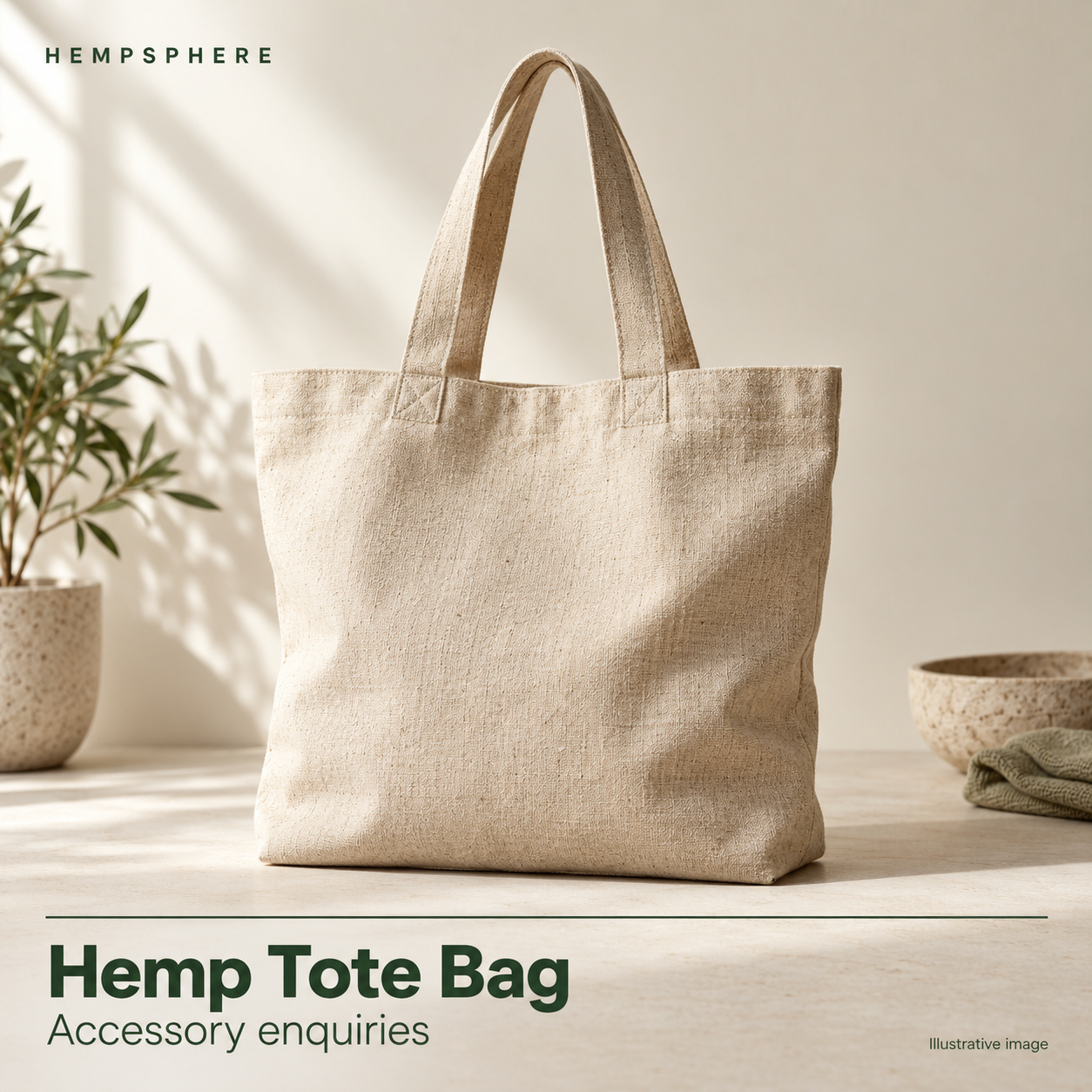 Illustrative Hempsphere Hemp tote bag product card.