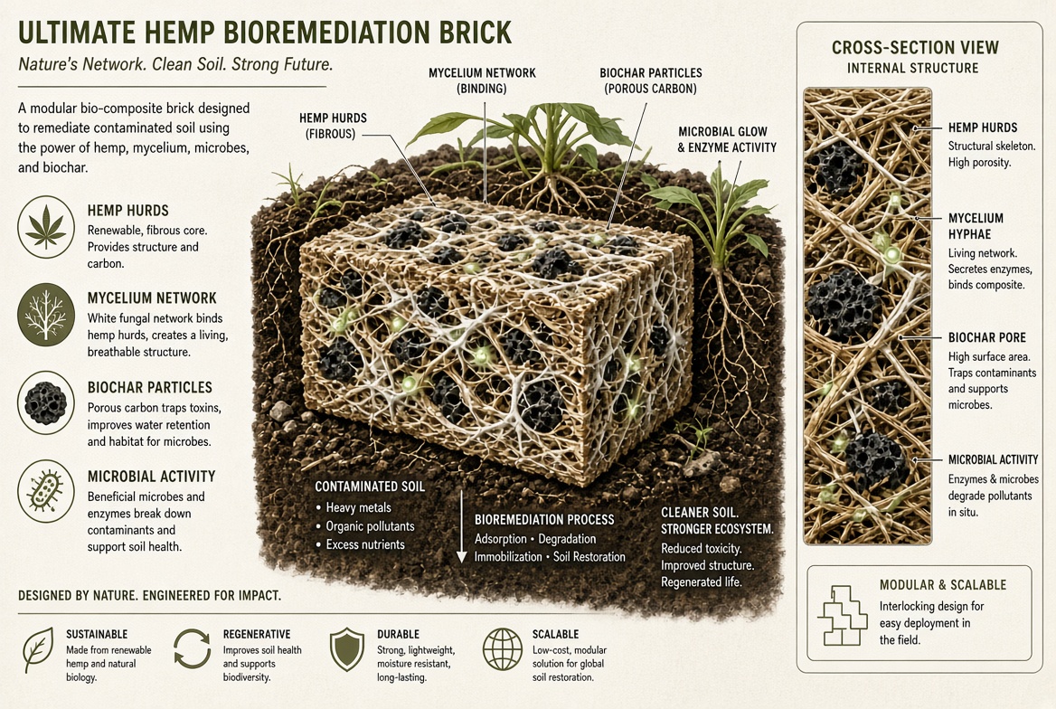 Concept illustration of a composite brick combining hemp hurds, mycelium, biochar and microbial activity.